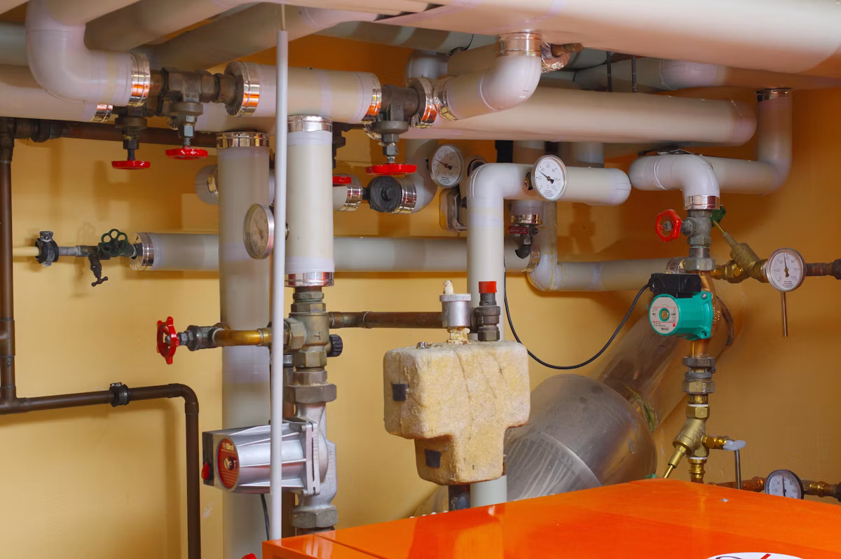 Sala de instalación con tuberías, válvulas y detección de fugas